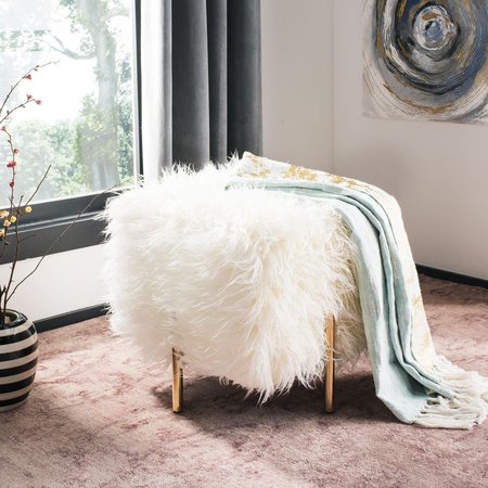 SAFAVIEH Momina Faux Fur Square OttomanWhite & Brass OTT6200A